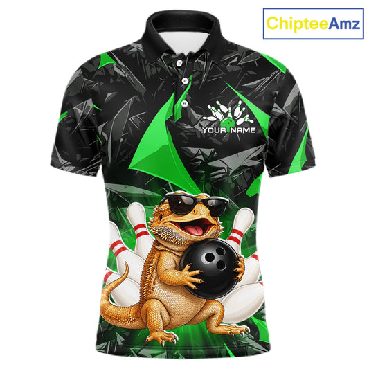 Custom green bearded dragon bowling jersey for men, personalized team bowling polo shirt front view
