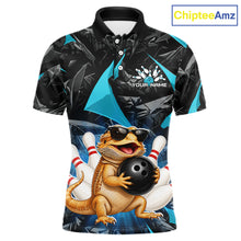 Load image into Gallery viewer, Custom turquoise bearded dragon bowling jersey for men, personalized team bowling quarter zip shirt front view