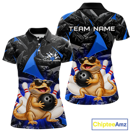 Custom blue bearded dragon bowling jersey for women, personalized team bowling polo shirt front view and back view