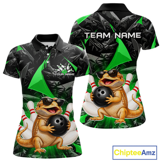 Custom green bearded dragon bowling jersey for women, personalized team bowling polo shirt front view and back view