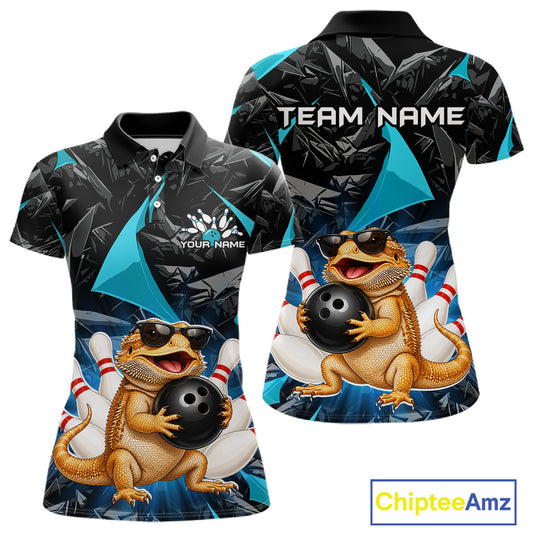 Custom turquoise bearded dragon bowling jersey for women, personalized team bowling polo shirt front view and back view