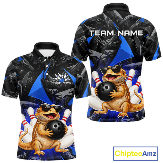 Custom blue bearded dragon bowling jersey for men, personalized team bowling polo shirt front view and back view