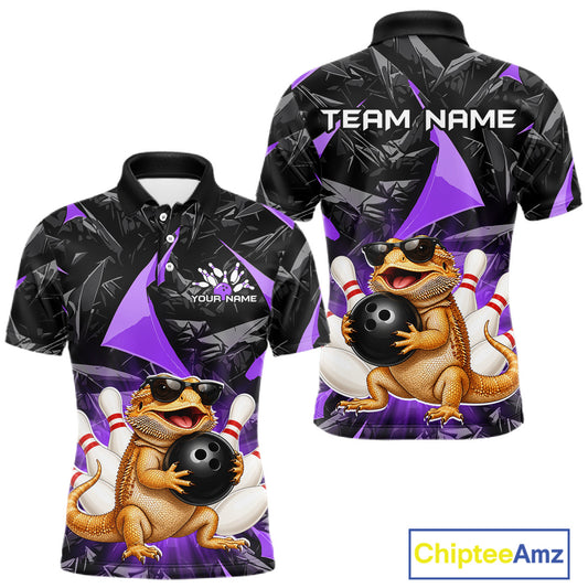 Custom purple bearded dragon bowling jersey for men, personalized team bowling polo shirt front view and back view