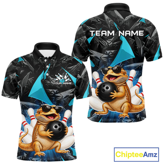 Custom turquoise bearded dragon bowling jersey for men, personalized team bowling polo shirt front view and back view