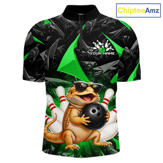 Custom green bearded dragon bowling jersey for men, personalized team bowling quarter zip shirt front view