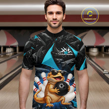 Load image into Gallery viewer, Men’s turquoise bearded dragon bowling quarter zip shirt, front view on male model in bowling lane 
