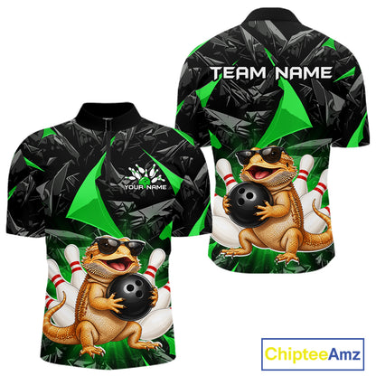 Custom green bearded dragon bowling jersey for men, personalized team bowling quarter zip shirt front view and back view
