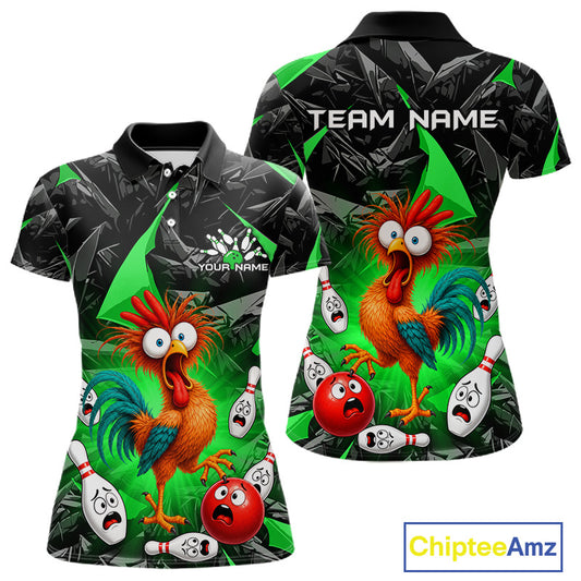 Front and back views of a short-sleeve polo shirt with a colorful cartoon rooster and bowling pins on a black and green background. The shirt includes customizable text placeholders: 'TEAM NAME' on the back and 'YOUR NAME' on the front.