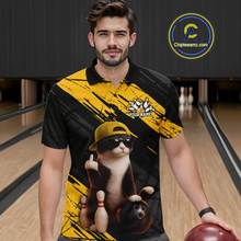 Load image into Gallery viewer, Custom Funny Cat Yellow Bowling Jersey for Men Bowling Polo &amp; 1/4 Zip Bowling Team Shirts HNT198