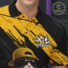 Load image into Gallery viewer, Custom Funny Cat Yellow Bowling Jersey for Men Bowling Polo &amp; 1/4 Zip Bowling Team Shirts HNT198