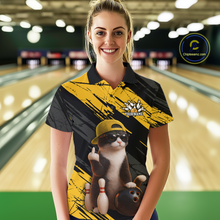 Load image into Gallery viewer, Custom Funny Cat Yellow Bowling Jersey for Women Bowling Polo &amp; 1/4 Zip Bowling Team Shirts HNT198