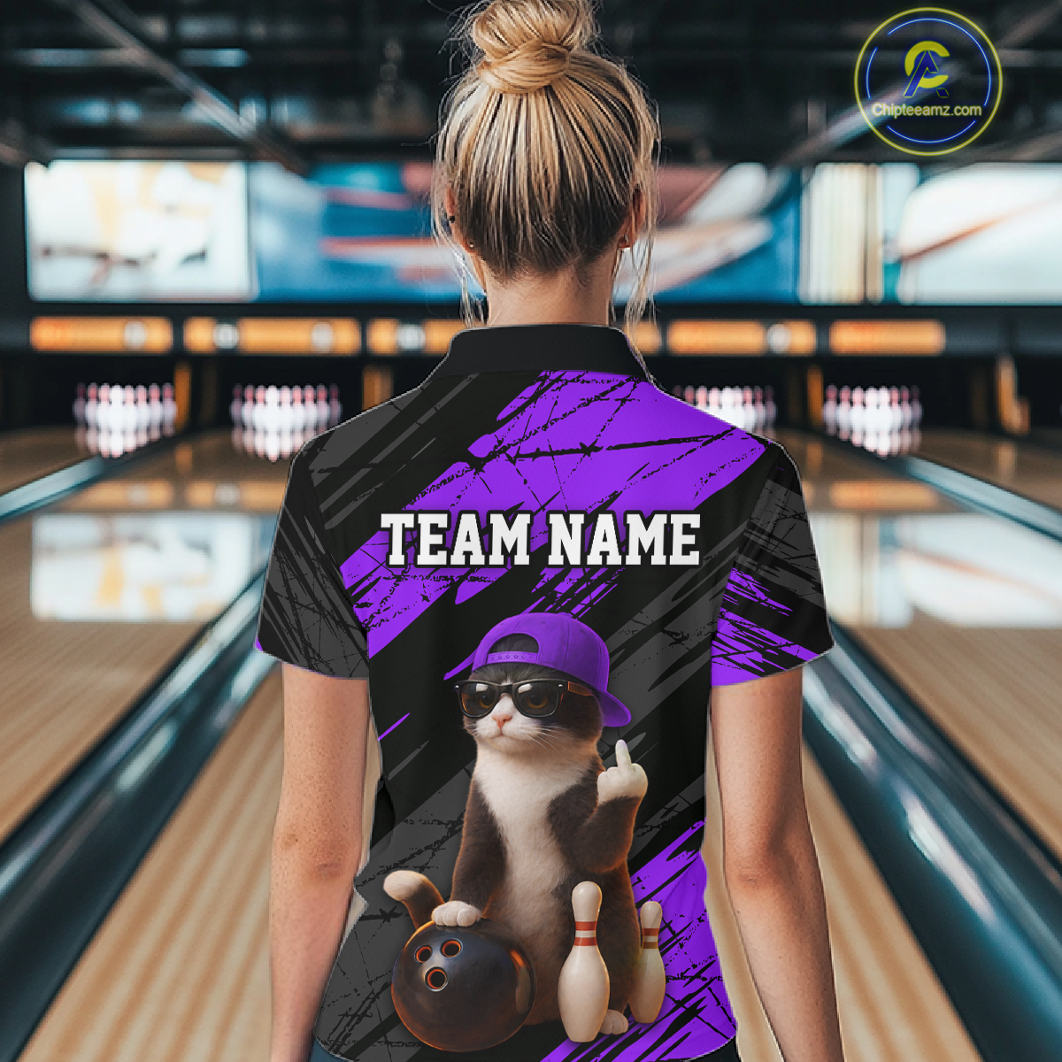 Custom Funny Cat Purple Bowling Jersey for Women Bowling Polo & 1/4 Zip Bowling Team Shirts HNT198