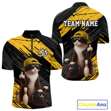 Load image into Gallery viewer, Custom Funny Cat Yellow Bowling Jersey for Men Bowling Polo &amp; 1/4 Zip Bowling Team Shirts HNT198