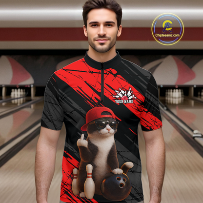 Custom Funny Cat Red Bowling Jersey for Men Bowling Polo & 1/4 Zip Bowling Team Shirts HNT198