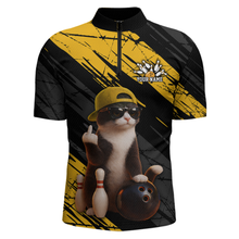 Load image into Gallery viewer, Custom Funny Cat Yellow Bowling Jersey for Men Bowling Polo &amp; 1/4 Zip Bowling Team Shirts HNT198
