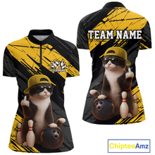 Load image into Gallery viewer, Custom Funny Cat Yellow Bowling Jersey for Women Bowling Polo &amp; 1/4 Zip Bowling Team Shirts HNT198