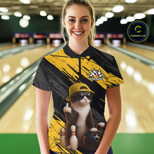 Load image into Gallery viewer, Custom Funny Cat Yellow Bowling Jersey for Women Bowling Polo &amp; 1/4 Zip Bowling Team Shirts HNT198