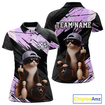 Custom Funny Cat Holographic Bowling Jersey for Women Bowling Polo & 1/4 Zip Bowling Team Shirts HNT198