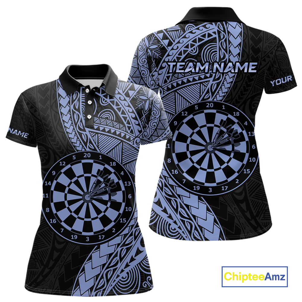 Custom Blue Tribal Dart Shirts for Women Dart Team Jersey Dartboard Gifts Polo & 1/4 Zip NNT163