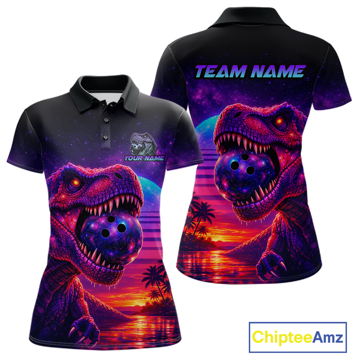 Custom Retro Galaxy Dinosaur Bowling Jersey for Women Bowling Shirts for Team Polo & 1/4 Zip HNT245