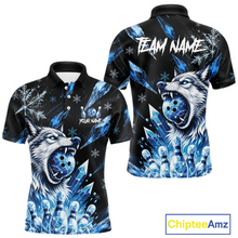 Load image into Gallery viewer, Black polo shirt with blue wolf design and 'Team Name' text, featuring the brand 'Chiptee Amz'.