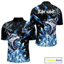 Load image into Gallery viewer, Black shirt with blue wolf design and 'Team Name' text, featuring the brand 'Chiptee Amz'.