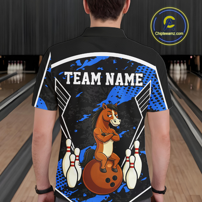 Custom Blue Funny Horse Bowling Tournament Jersey for Men Bowling Team Shirts Polo & 1/4 Zip HNT180
