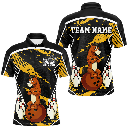 Custom Yellow Funny Horse Bowling Tournament Jersey for Men Bowling Team Shirts Polo & 1/4 Zip HNT180