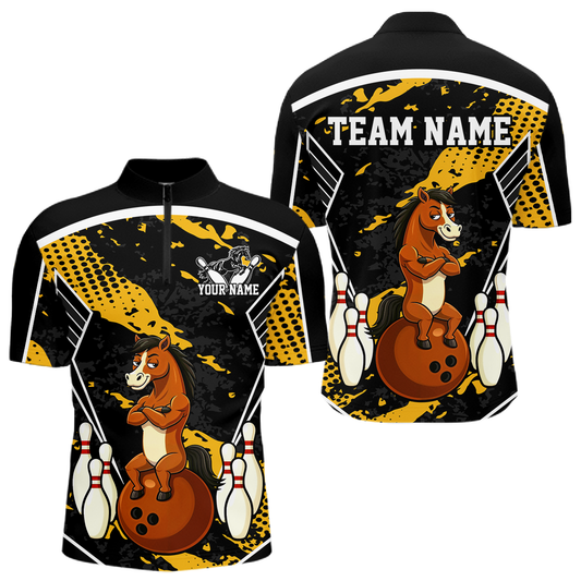 Custom Yellow Funny Horse Bowling Tournament Jersey for Men Bowling Team Shirts Polo & 1/4 Zip HNT180