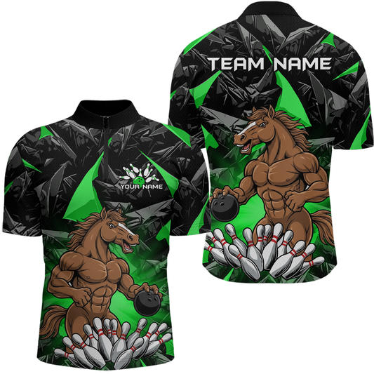 Custom Green Funny Horse Bowling Jersey for Men Bowling Team Shirts Bowling League Polo & 1/4 Zip HNT183