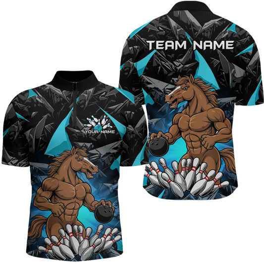 Custom Turquoise Funny Horse Bowling Jersey for Men Bowling Team Shirts Bowling League Polo & 1/4 Zip HNT183