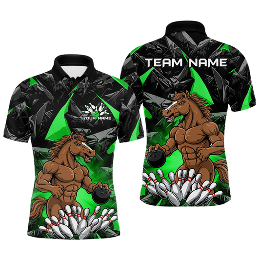 Custom Green Funny Horse Bowling Jersey for Men Bowling Team Shirts Bowling League Polo & 1/4 Zip HNT183