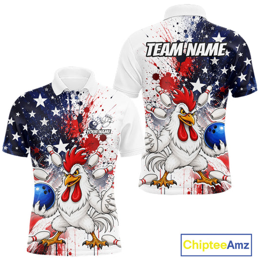 Custom us flag chicken bowling jersey for men, personalized team bowling polo shirt front view and back view 