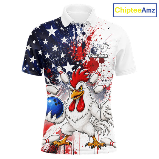 Custom us flag chicken bowling jersey for men, personalized team bowling polo shirt front view