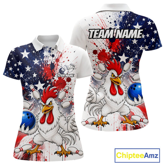 Custom us flag chicken bowling jersey for women, personalized team bowling polo shirt front view and back view