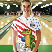 Load image into Gallery viewer, Custom US Flag Funny Alligator Bowling shirts for Women, Crocodile Bowling Team Jerseys HNT206