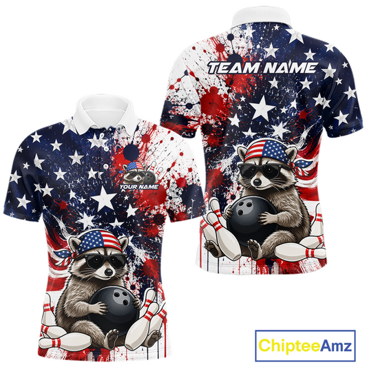 Custom us flag raccoon bowling jersey for men, personalized team bowling polo shirt front view and back view