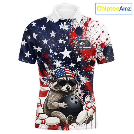 Custom us flag raccoon bowling jersey for men, personalized team bowling polo shirt front view