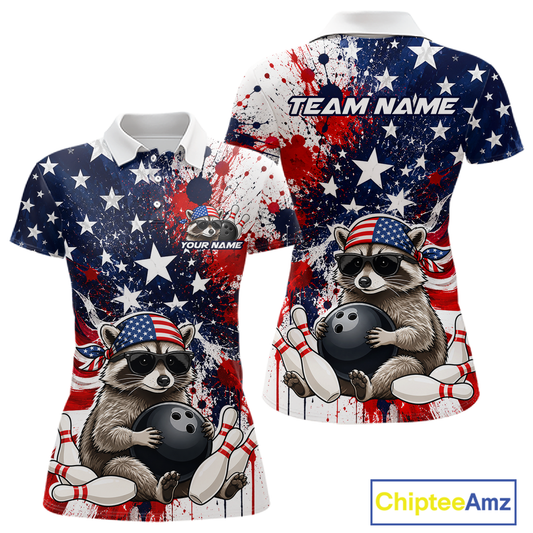 Custom us flag raccoon bowling jersey for women, personalized team bowling polo shirt front view and back view