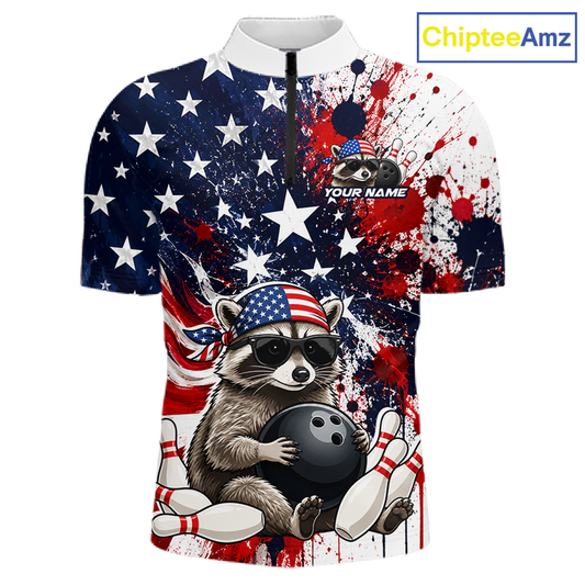 Custom us flag raccoon bowling jersey for men, personalized team bowling quarter zip shirt front view