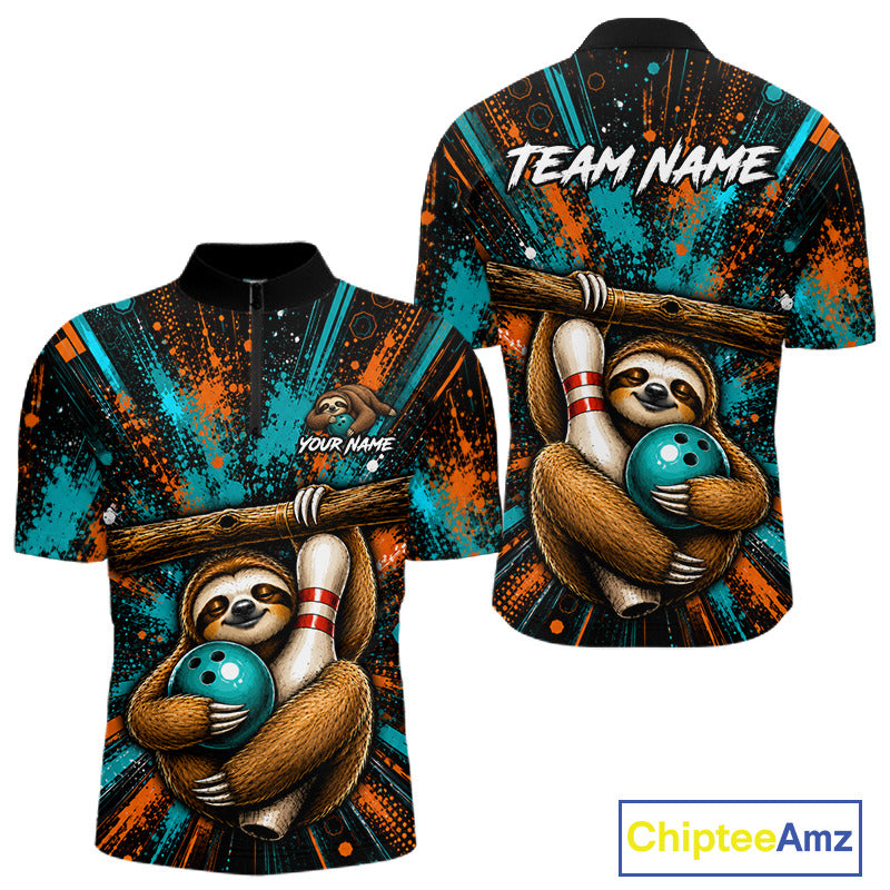 Front and back views of a short-sleeve polo shirt featuring a cartoon sloth holding bowling pins and a teal bowling ball, with orange and teal paint-splatter graphics on a black background. The front shows placeholder text 'YOUR NAME' and 'TEAM NAME' on the back.