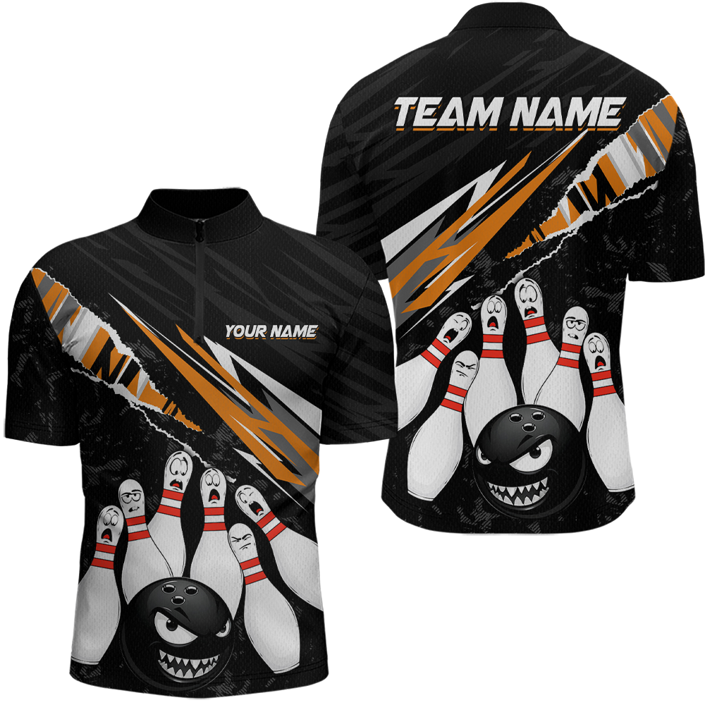 Custom Orange Funny Bowling Jersey for Men Bowling Uniform Polo & 1/4 Zip Bowling Team Shirts HNT128