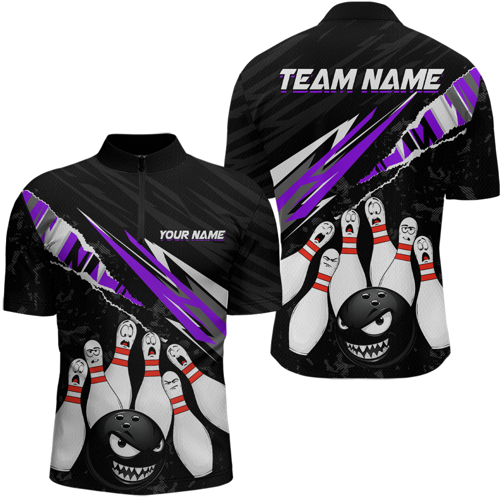 Custom Purple Funny Bowling Jersey for Men Bowling Uniform Polo & 1/4 Zip Bowling Team Shirts HNT128