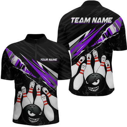 Custom Purple Funny Bowling Jersey for Men Bowling Uniform Polo & 1/4 Zip Bowling Team Shirts HNT128