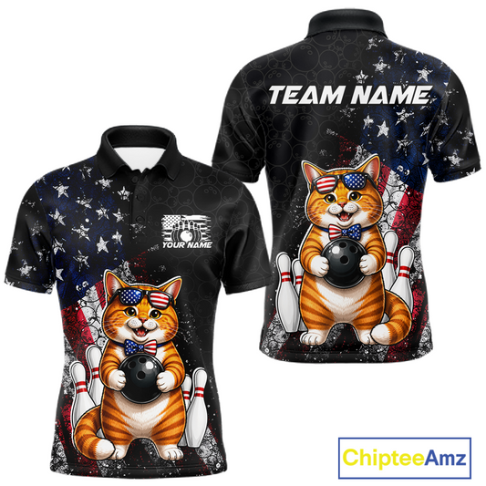 Men polo shirt with a cat bowling design on a black background, featuring American flags and text.