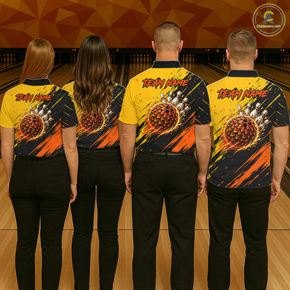 Four people standing with their backs to the camera in a bowling alley, wearing matching bowling shirts with a custom bowling ball graphic and 'TEAM NAME' text. The shirts are yellow and black with orange and red graphic details.