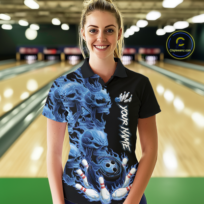 Custom Flame Skull Bowling Jerseys for Women Bowling League Polo & 1/4 Zip Bowling Team Shirts HNT203