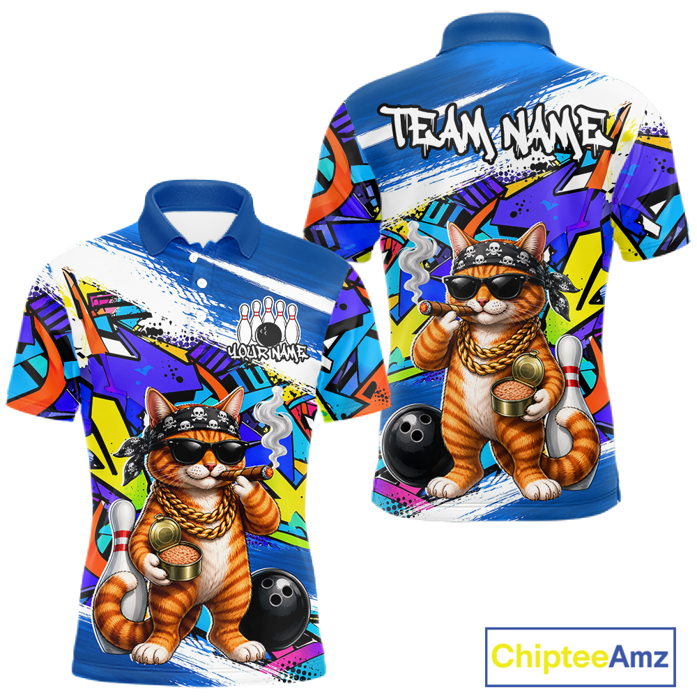 Colorful polo shirt with a cat graphic and 'Team Name' text on a white background