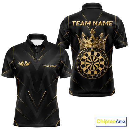 Black and gold custom polo shirt shown from the front and back, featuring a dartboard graphic on the back, a crown and 'TEAM NAME' text, and gold accent lines on a white background.