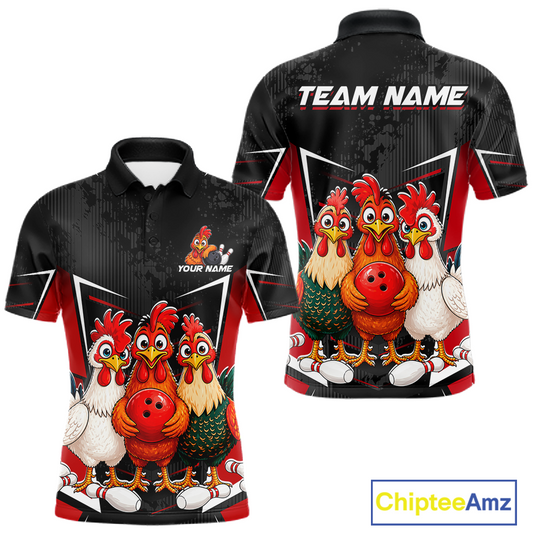 Red Funny Three Chicken Bowling Jersey for Men Bowling League Bowling Team Shirts HN287